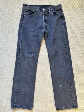 Levi’s 501 Original Fit Button Fly Jeans Distressed Shredded Black  Sz 34x32
